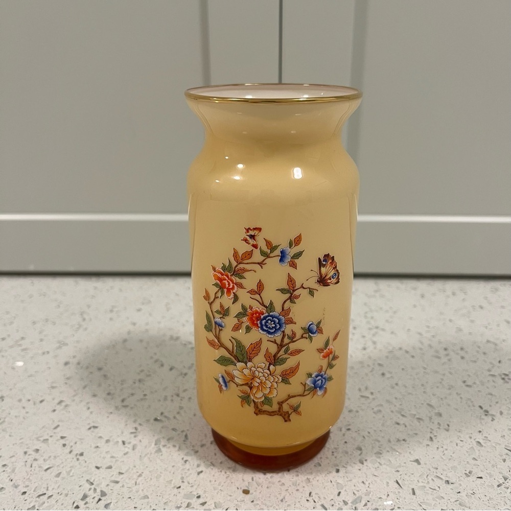 Vintage 1975 Bristol Handblown Cased Glass Vase Handpainted Floral Butterfly